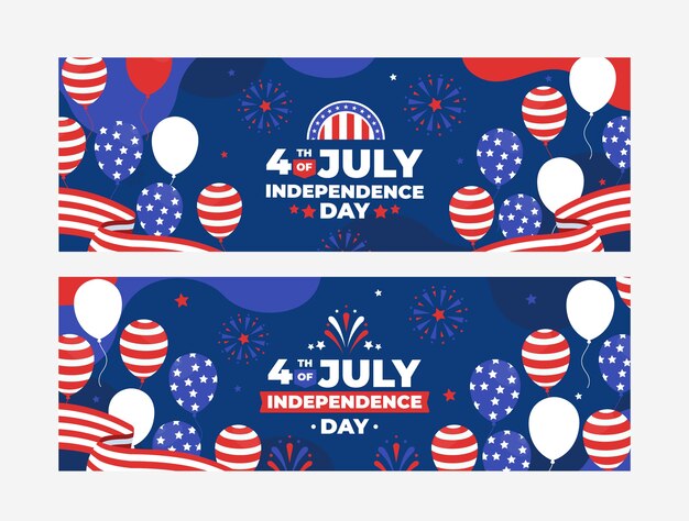 Banners horizontales planos del 4 de julio con globos