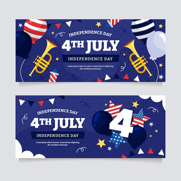 Banners horizontales planos del 4 de julio con trompetas y globos