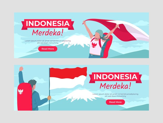 Banners horizontales planos del día de la independencia de indonesia con personas sosteniendo banderas en la montaña