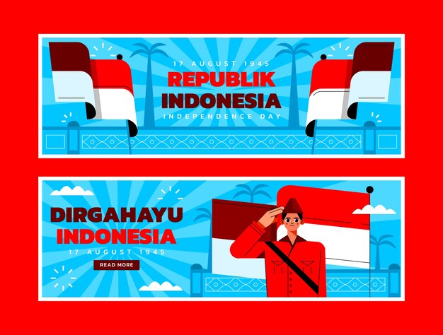 Vector gratuito banners horizontales planos del día de la independencia de indonesia con soldado saludando