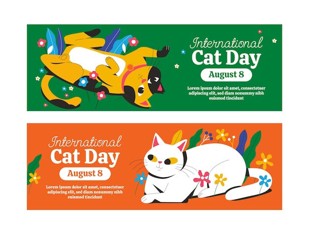 Vector gratuito banners horizontales planos del día internacional del gato con gatos