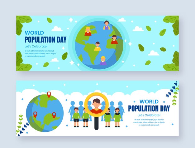 Banners horizontales planos del día mundial de la población con personas y el planeta tierra
