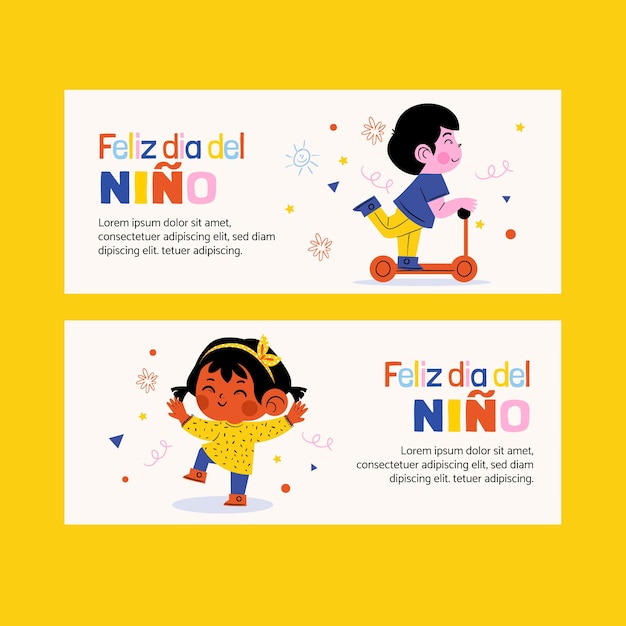 Vector gratuito banners horizontales planos del día del niño en español