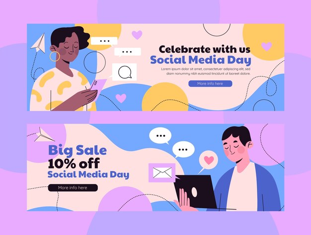 Banners horizontales planos del día de las redes sociales con personas