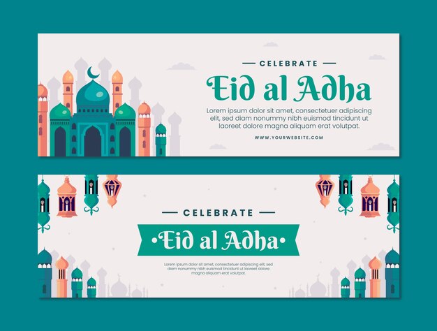 Banners horizontales planos de eid al-adha con linternas