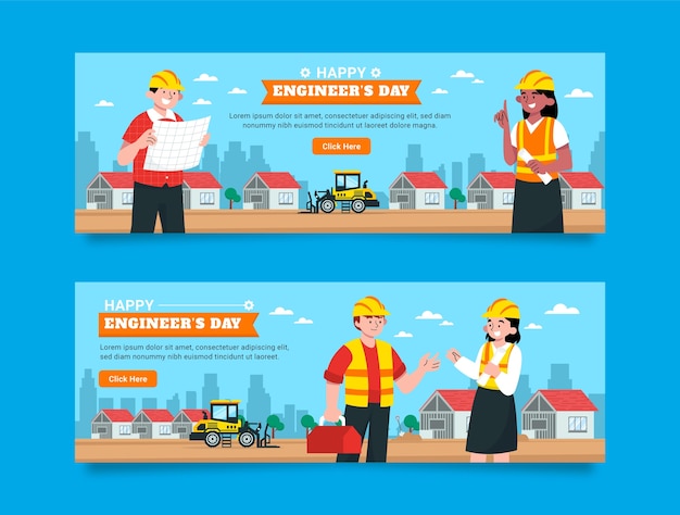Banners horizontales planos establecidos para la celebración del día de los ingenieros