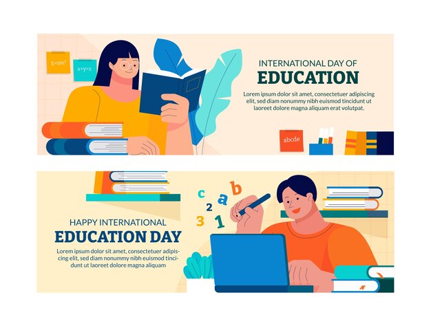 Banners horizontales planos establecidos para la celebración del día internacional de la educación