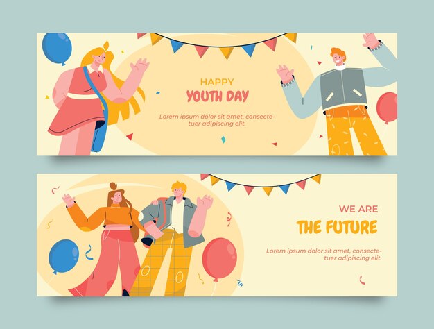 Banners horizontales planos establecidos para la celebración del día internacional de la juventud