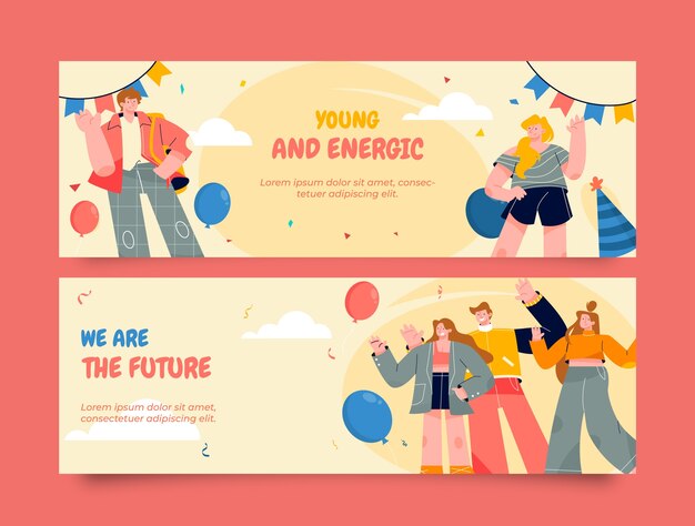 Banners horizontales planos establecidos para la celebración del día internacional de la juventud