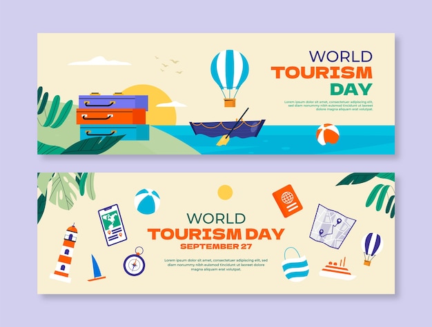 Vector gratuito banners horizontales planos establecidos para la celebración del día mundial del turismo