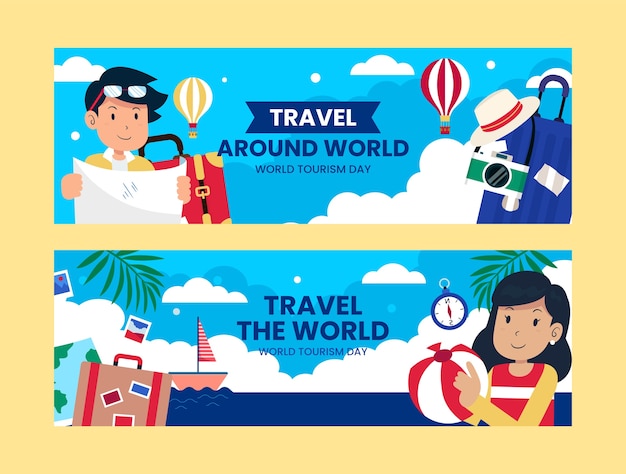 Banners horizontales planos establecidos para la celebración del día mundial del turismo