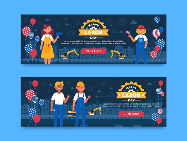 Banners horizontales planos establecidos para la celebración del día del trabajo