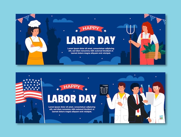 Vector gratuito banners horizontales planos establecidos para la celebración del día del trabajo