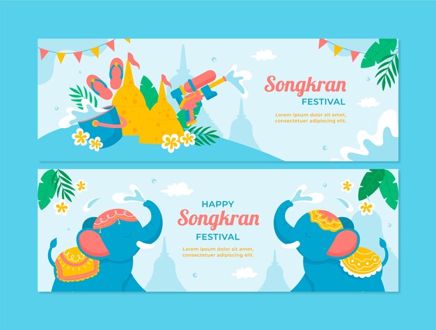 Banners horizontales planos establecidos para la celebración del festival del agua songkran