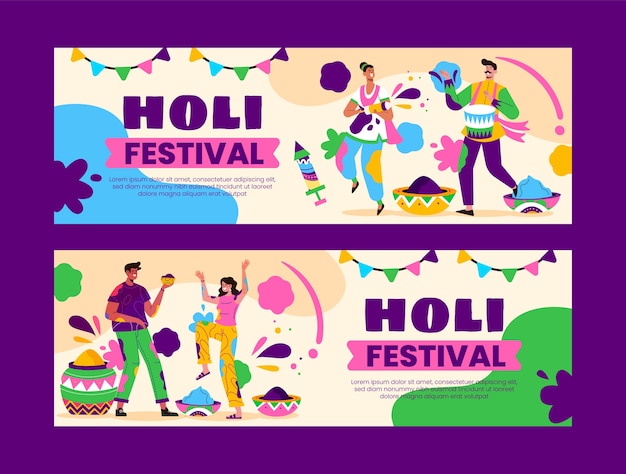 Vector gratuito banners horizontales planos establecidos para la celebración del festival holi