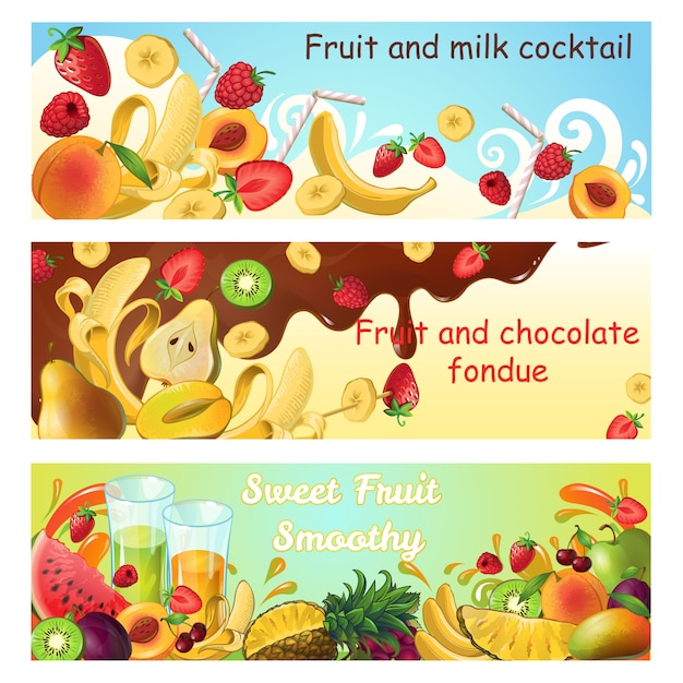 Vector gratuito banners horizontales de productos dulces naturales con frutas orgánicas frescas salpicaduras y flujos de leche y chocolate