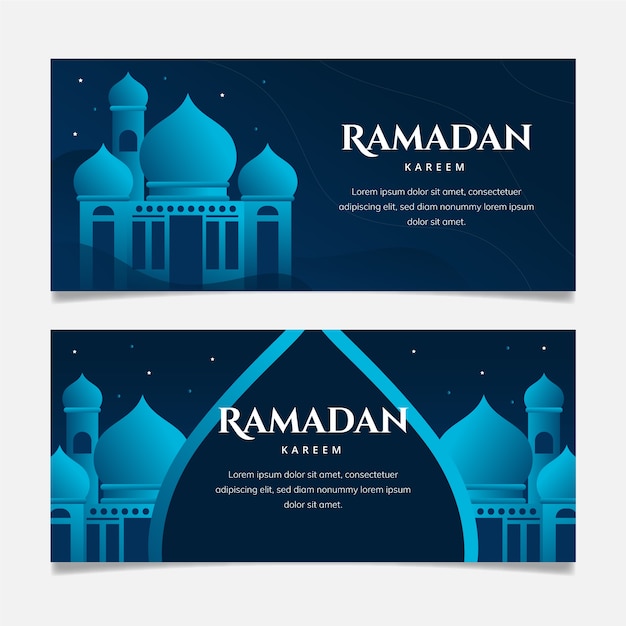 Banners horizontales de ramadán de diseño plano con detalles azules