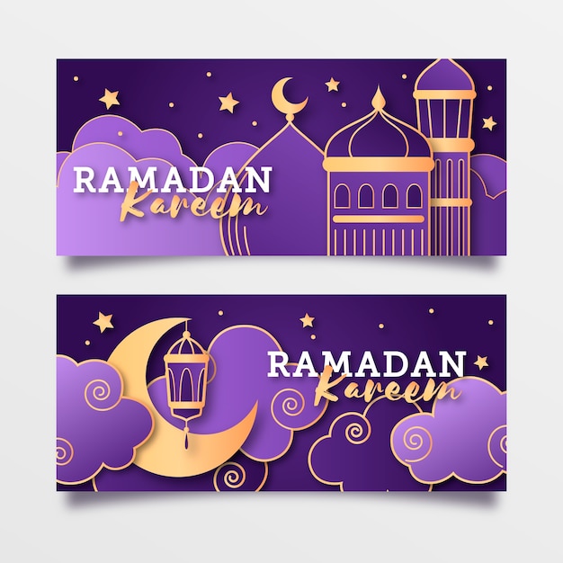 Banners horizontales de ramadán de diseño plano con luna creciente