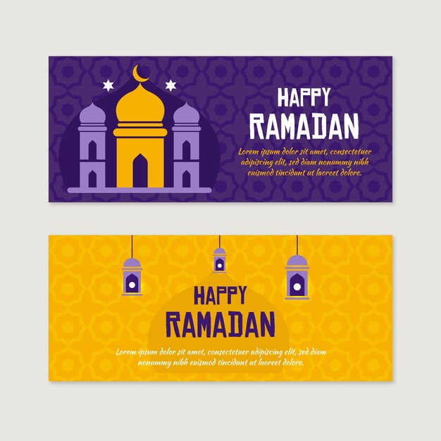 Banners horizontales de Ramadán de diseño plano