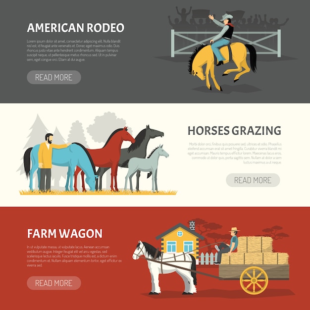 Vector gratuito banners horizontales de razas de caballos populares conjunto