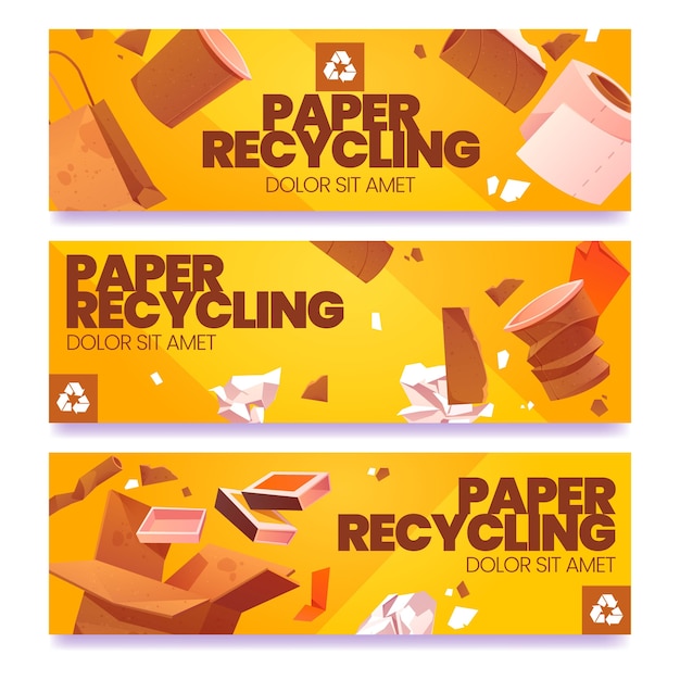 Banners horizontales de reciclaje de papel de dibujos animados