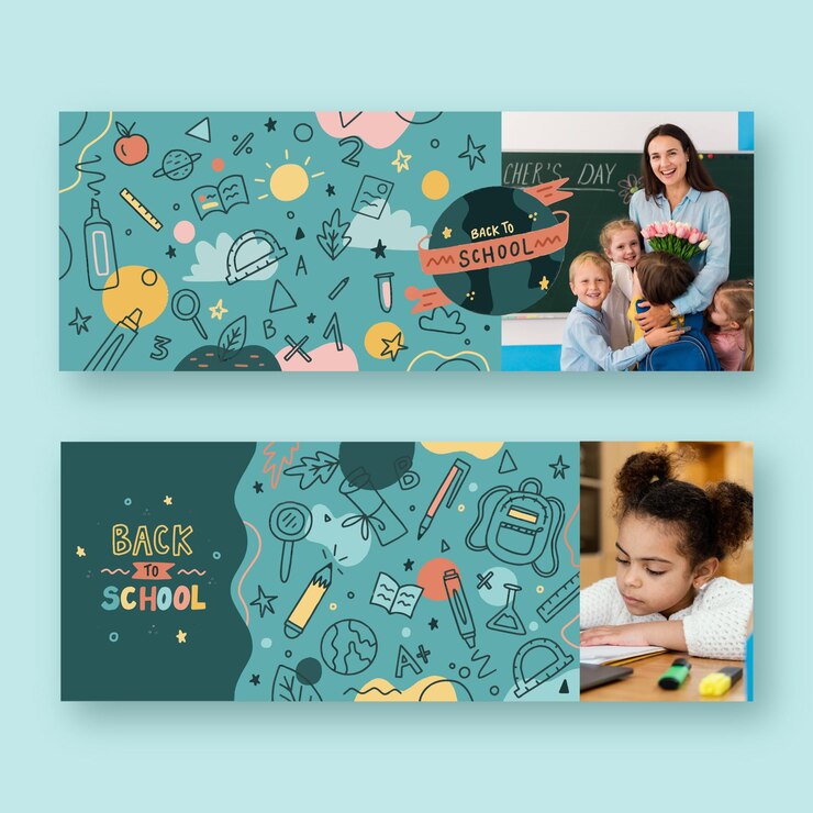 Vector gratuito banners horizontales de regreso a la escuela dibujados a mano con foto