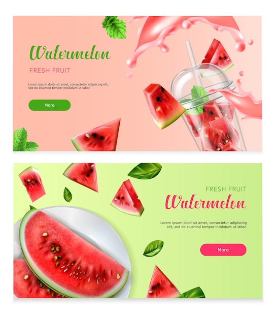 Banners horizontales de sandía con trozos de fruta fresca en plato y copa de cóctel