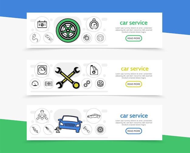 Vector gratuito banners horizontales de servicio de automóvil con batería de neumáticos, velocímetro de automóvil, llaves, radiador de aceite