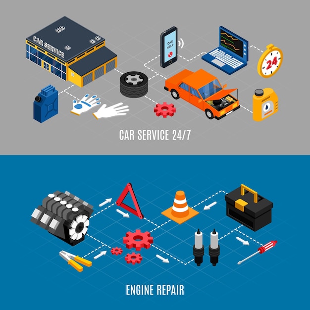 Banners horizontales de servicio y mantenimiento de automóviles con símbolos de reparación del motor isométricos aislados