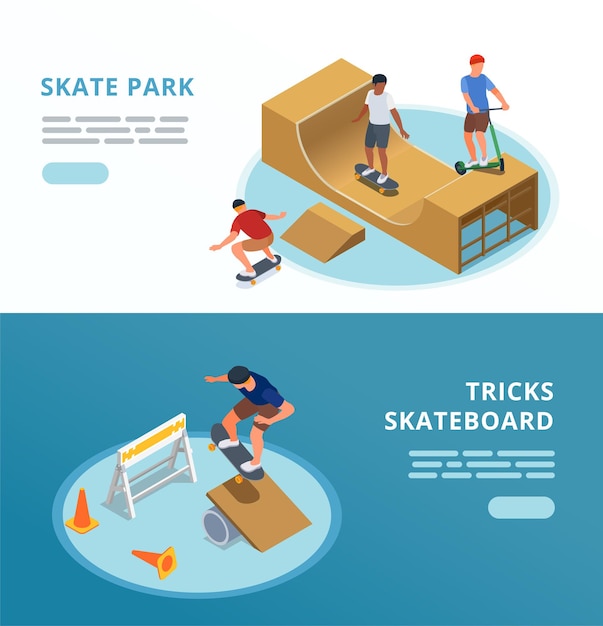 Vector gratuito banners horizontales de skate park con símbolos deportivos isométricos ilustraciones vectoriales aisladas