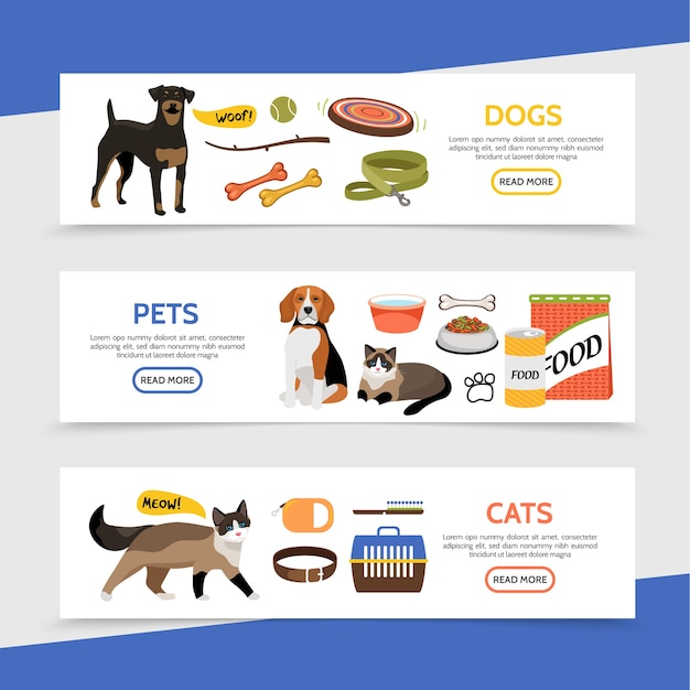 Vector gratuito banners horizontales de la tienda de mascotas plana con juguetes para perros, portador de coche, comida para animales, collar, peine, champú