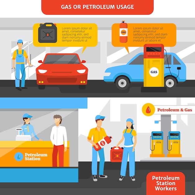 Vector gratuito banners horizontales de trabajadores de gasolineras con personas y autos.