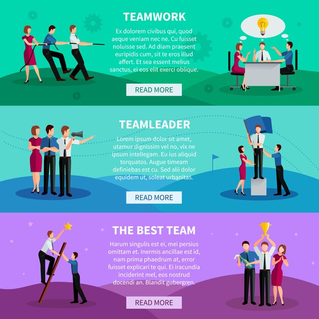 Banners horizontales de trabajo en equipo con personas que trabajan en comando, líder del equipo y mejor equipo
