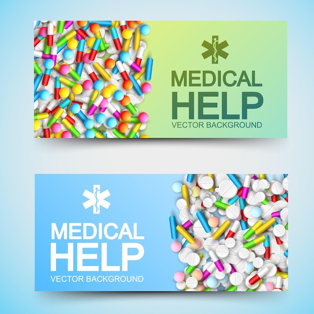 Banners horizontales de tratamiento médico con inscripciones y coloridas pastillas de medicamentos farmacéuticos