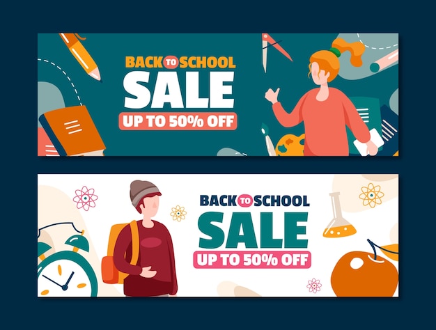 Vector gratuito banners horizontales de venta plana de regreso a la escuela con estudiantes