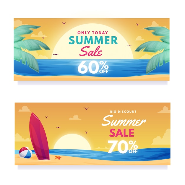 Vector gratuito banners horizontales de venta de verano degradado con playa y tabla de surf