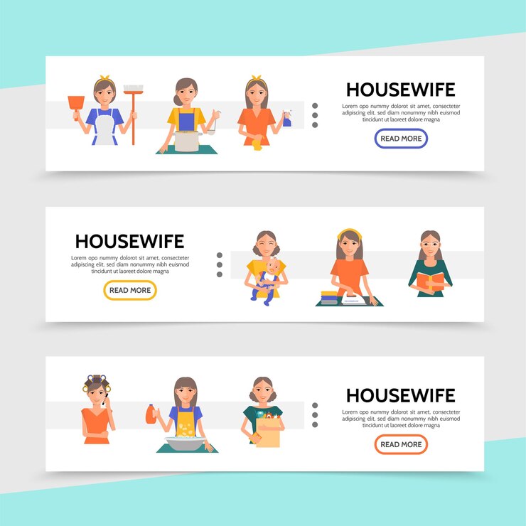 Vector gratuito banners horizontales de vida plana de ama de casa con cocina, compras, planchado, limpieza, lavado, procedimientos de maquillaje