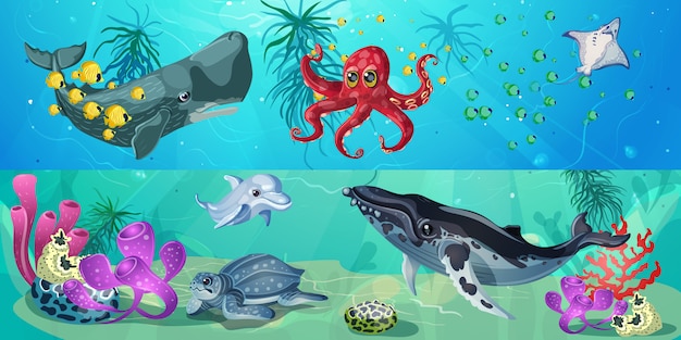 Vector gratuito banners horizontales de vida submarina de dibujos animados