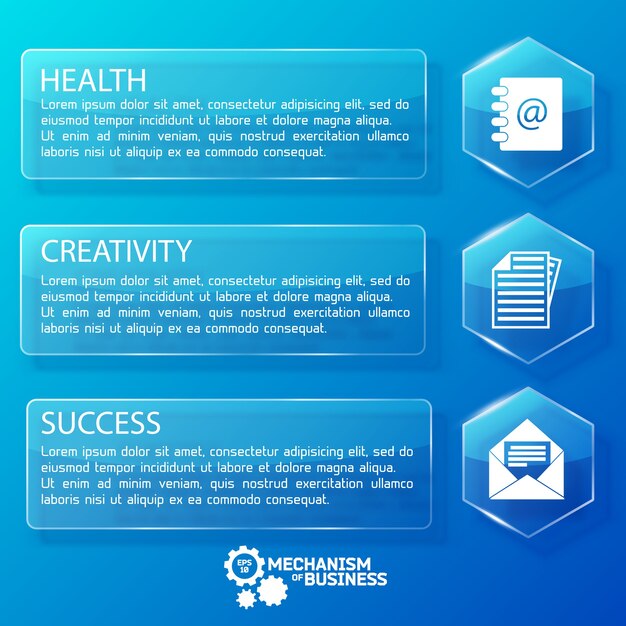 Banners horizontales de vidrio web de negocios con hexágonos de texto e iconos blancos en la ilustración azul