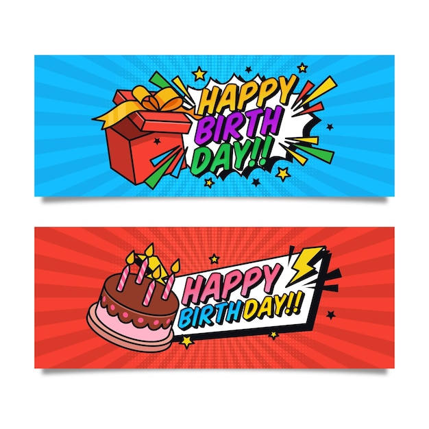 Vector gratuito banners horizontales vintage de feliz cumpleaños