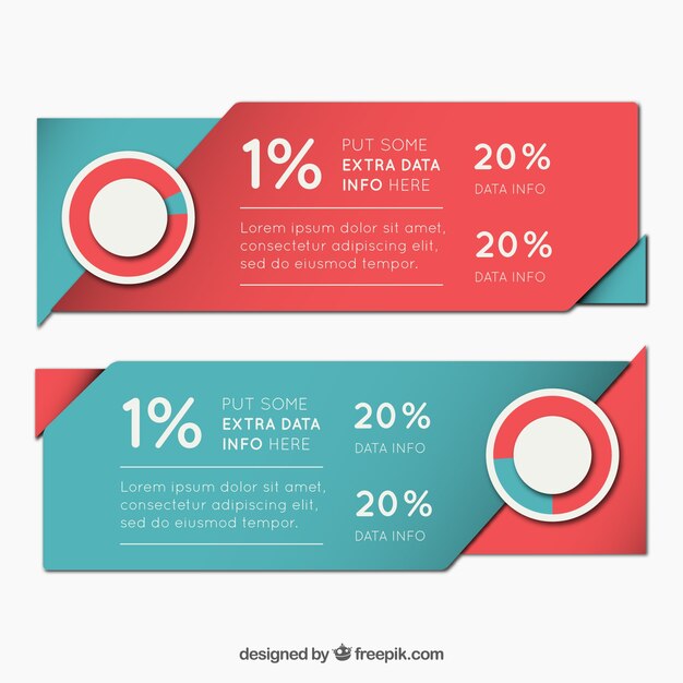 Banners infográficos azules y rojos con formas irregulares