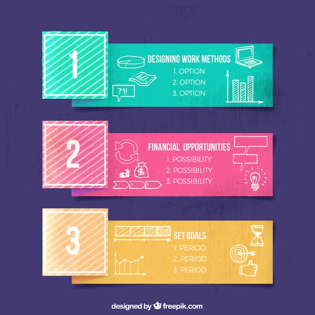 Vector gratuito banners infográficos de colores con elementos dibujados a mano