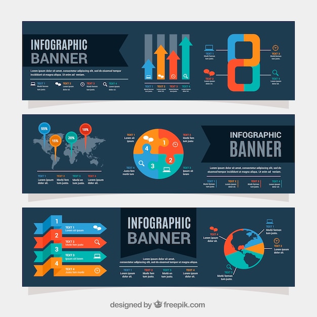 Banners infográficos planos con gráficos de colores