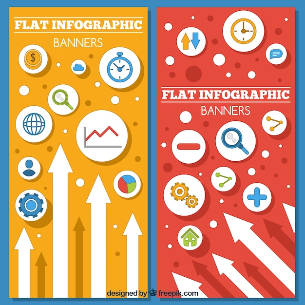 Banners infográficos planos con variedad de elementos y flechas blancas