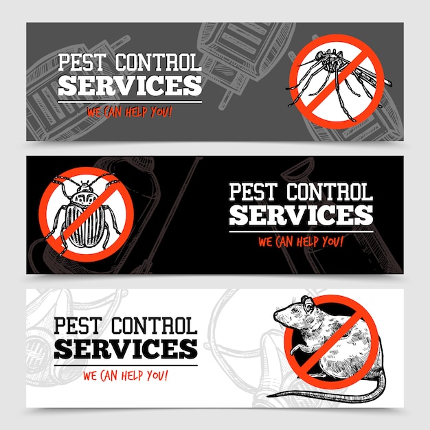 Vector gratuito banners de insectos de control de plagas de bosquejo