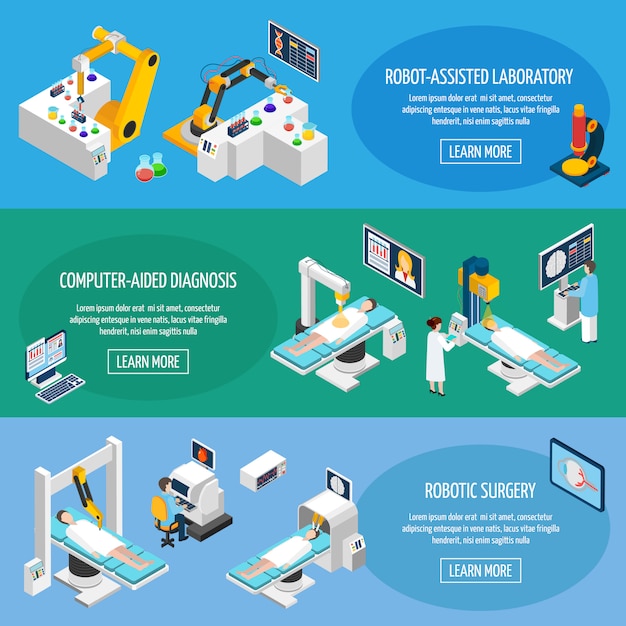 Vector gratuito banners isométricos de cirugía robótica