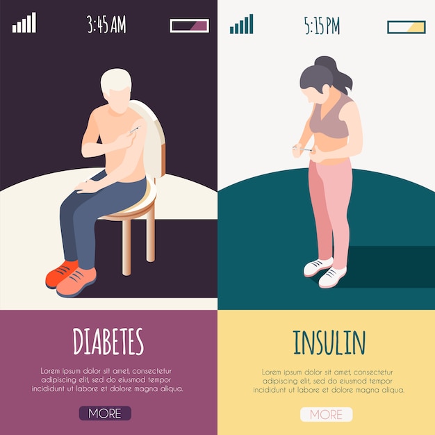 Banners isométricos de diabetes con pacientes masculinos y femeninos que se inyectan a sí mismo de la ilustración de vector de insulina