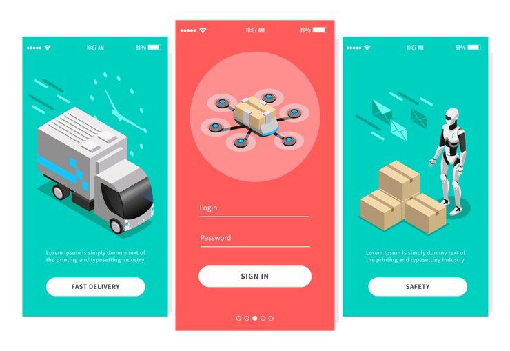 Vector gratuito banners isométricos de entrega rápida para el diseño de aplicaciones móviles que ofrecen diferentes formas de ilustración posterior a la entrega