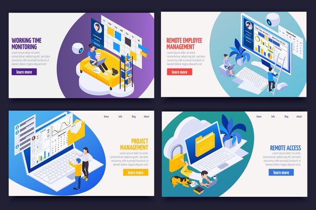 Banners isométricos de gestión de trabajo remoto con seguimiento de proyectos, acceso a datos, control de productividad de empleados