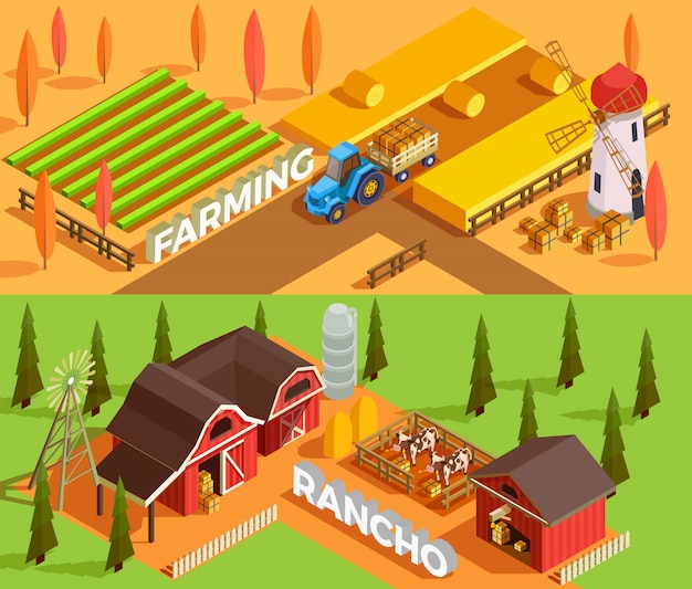 Vector gratuito banners isométricos de granja